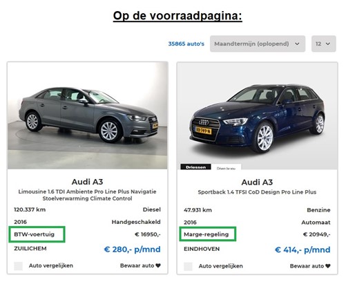 Hoe herken ik een marge of btw auto - voorraadpagina